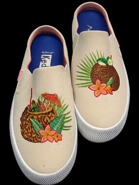 Keds Beige Slip-On Flats with Tropical Coconut Embroidery